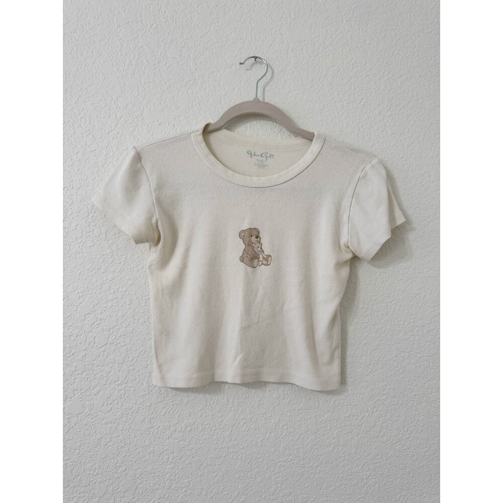 Brandy Melville John Galt Cream Baby Tee Teddy Bear Graphic Cropped Ribbed Top - Picture 2 of 4